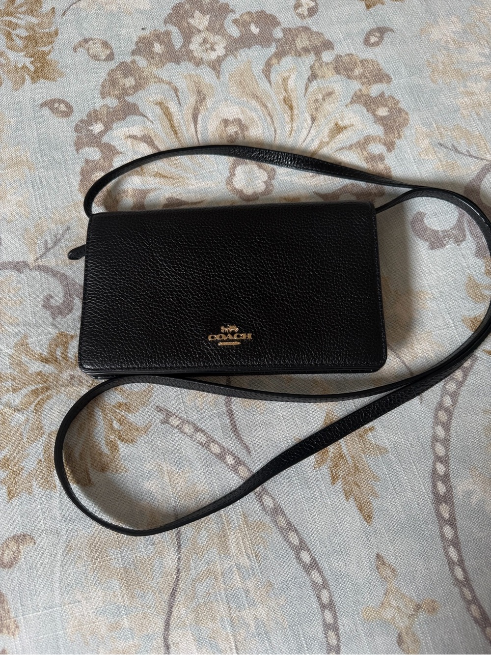 Coach Black Pebbled Leather Crossbody Wallet with Gold Logo